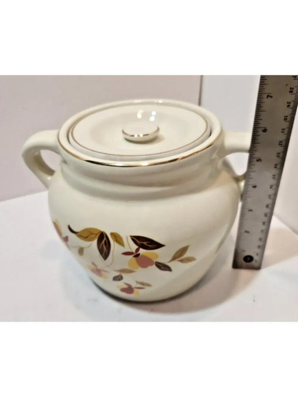 Vtg Hall Autumn Leaf 2 1/4 QT 2 Handled Bean Pot & Lid Mary Dunbar MCM Jewel
